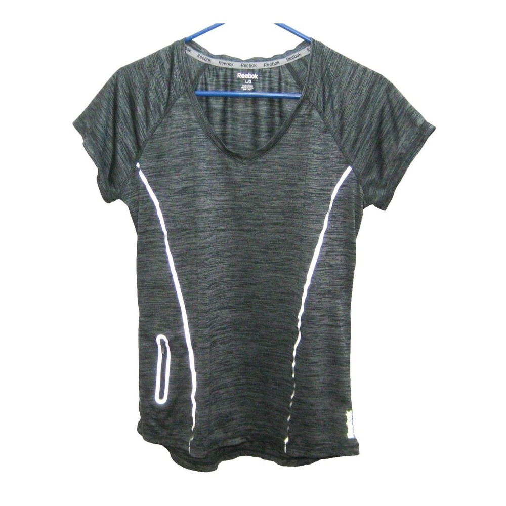 Reebok Womens Large Gray Short Sleeve Reflective Running Shirt Top Zipper Pocket